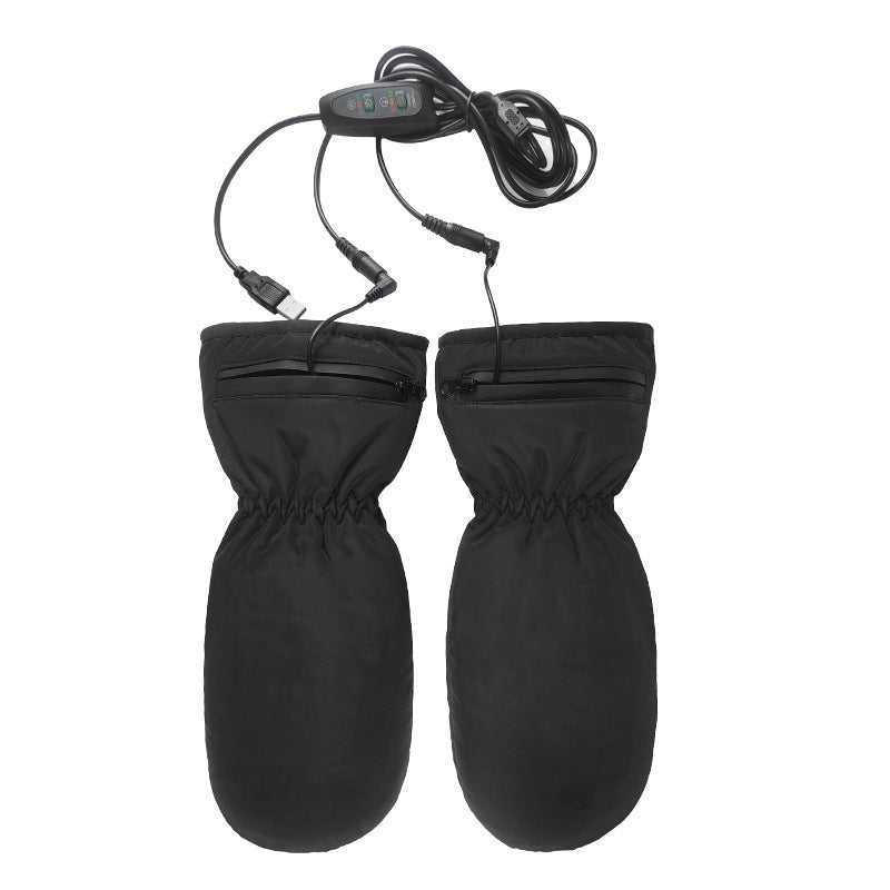 Svarte oppvarmede votter med USB-kabel