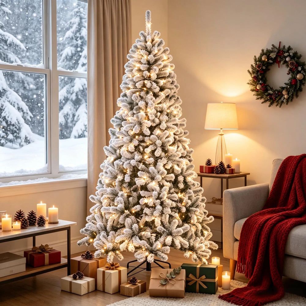 Snødekt nordfuru juletre med varme lys