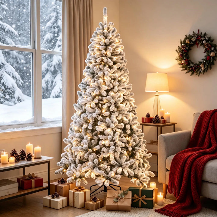 Snødekt nordfuru juletre med varme lys