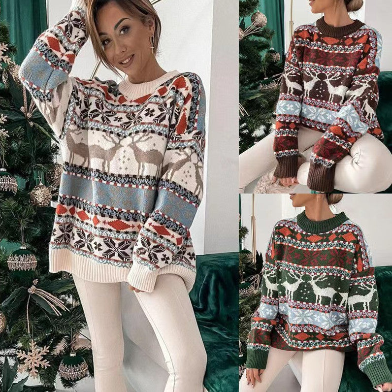 Løs genser med rund hals og julemotiv i jacquard, dame