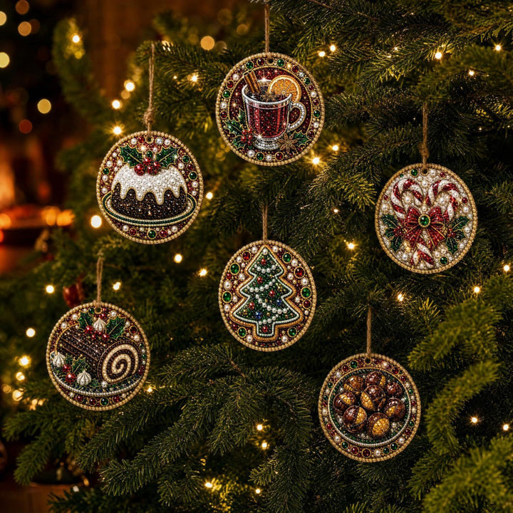 Seks julekuler i tre med diamantmaling