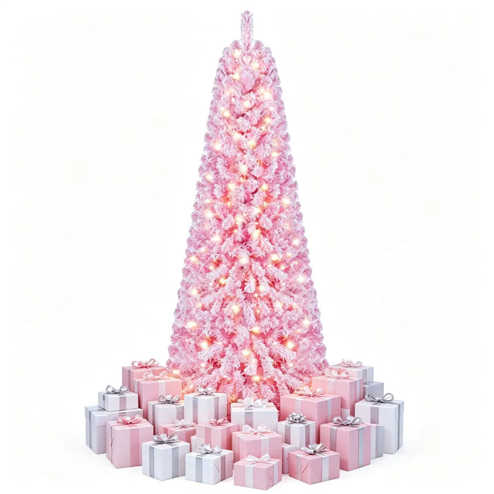 Varmeriket Rosa juletre med snø og 280 lys, 213 cm