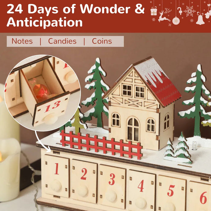 Varmeriket Lang adventskalender i tre med lys og skuffer