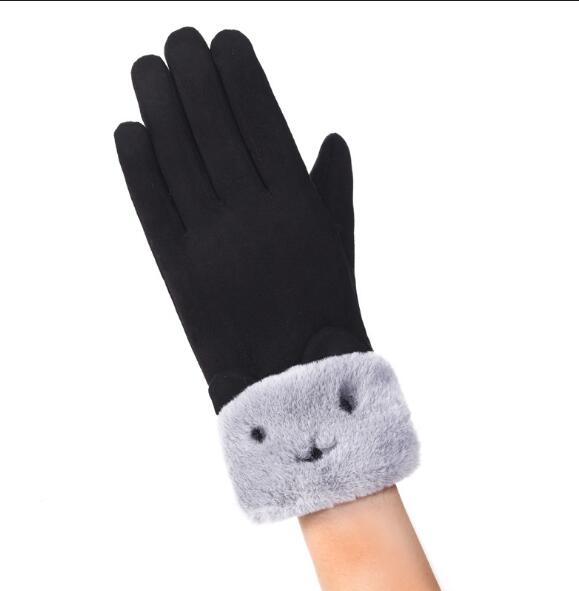 Grå damehansker med plysjmansjett og bamse