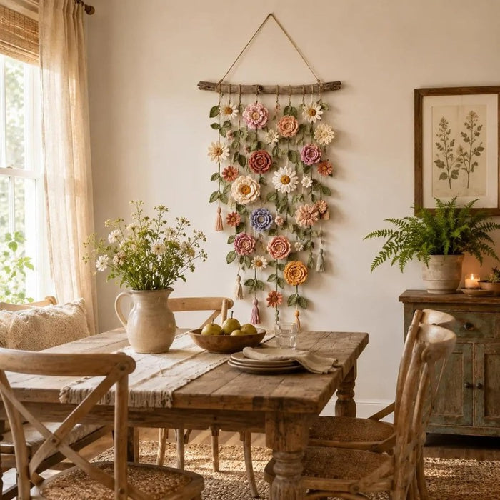 Varmeriket Boho veggpynt med stoffblomster på trepinne