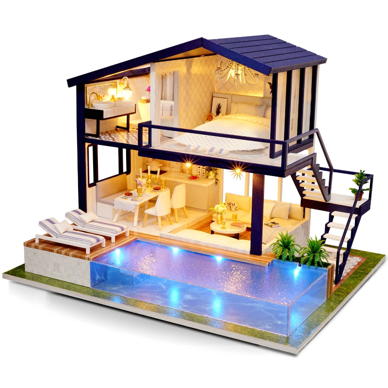Miniatyrhus med basseng og lys
