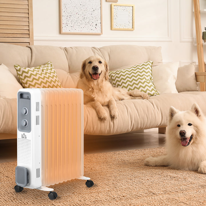 Hvit oljefylt radiator med elleve ribber
