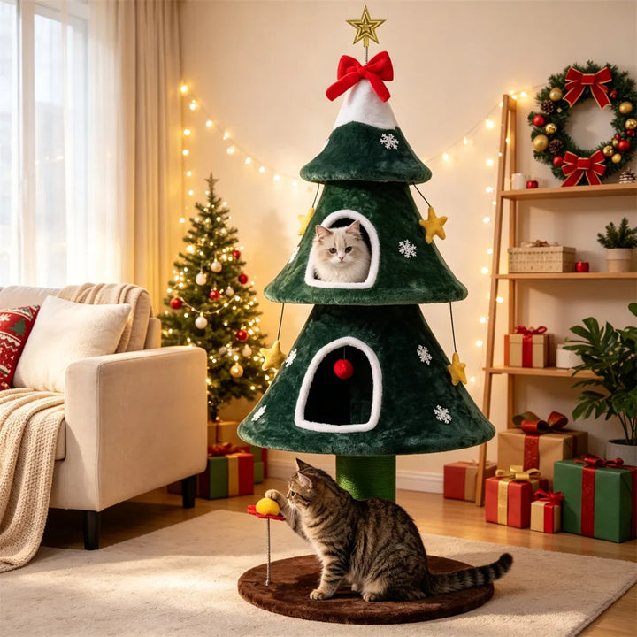 Kattetre formet som et juletre med plysjhuler