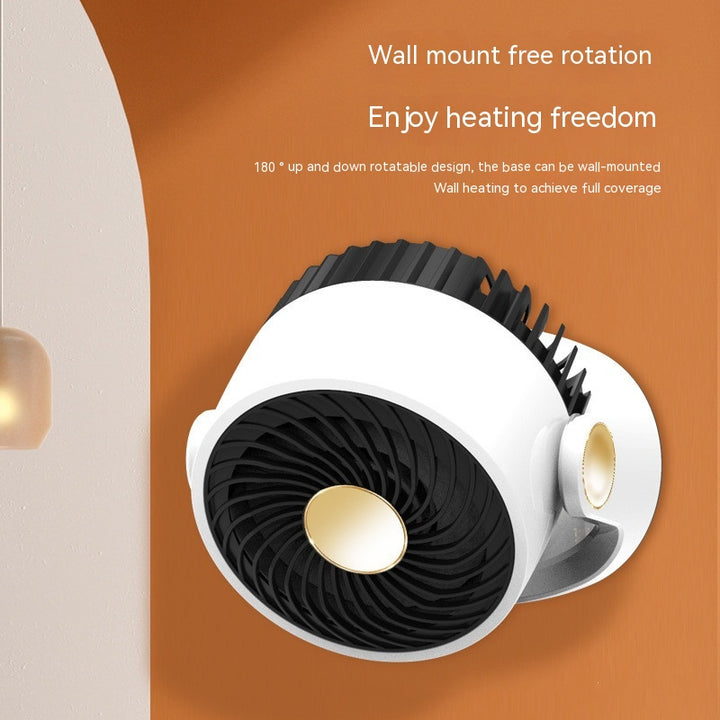 Hvit vifteovn med rundt vippbart hode på bord