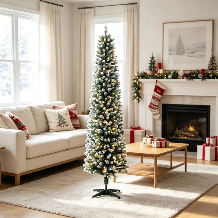 Smalt frostet juletre med fargelys