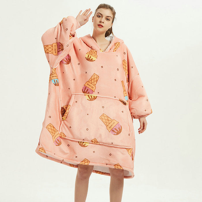 Varmeriket Oversized hettegenser-teppe i dobbel flanell med søte mønstre
