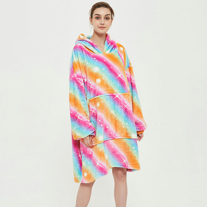 Varmeriket Oversized hettegenser-teppe i dobbel flanell med søte mønstre