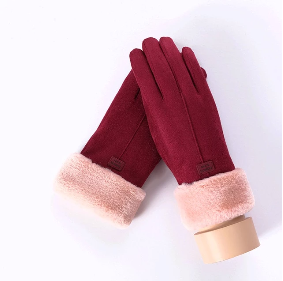Varmeriket Hansker i semsket look med plysjmansjett og bamsefjes