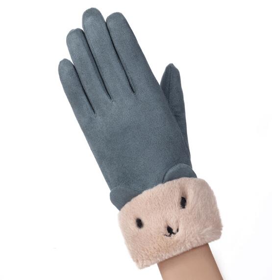 Grå damehansker med plysjmansjett og bamse