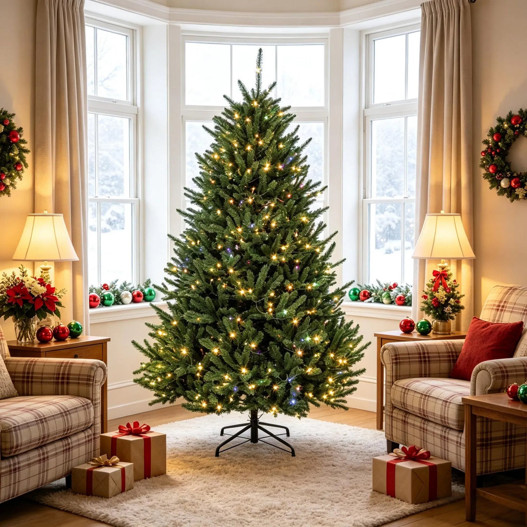 Fyldig grønt juletre med lys og fotbryter
