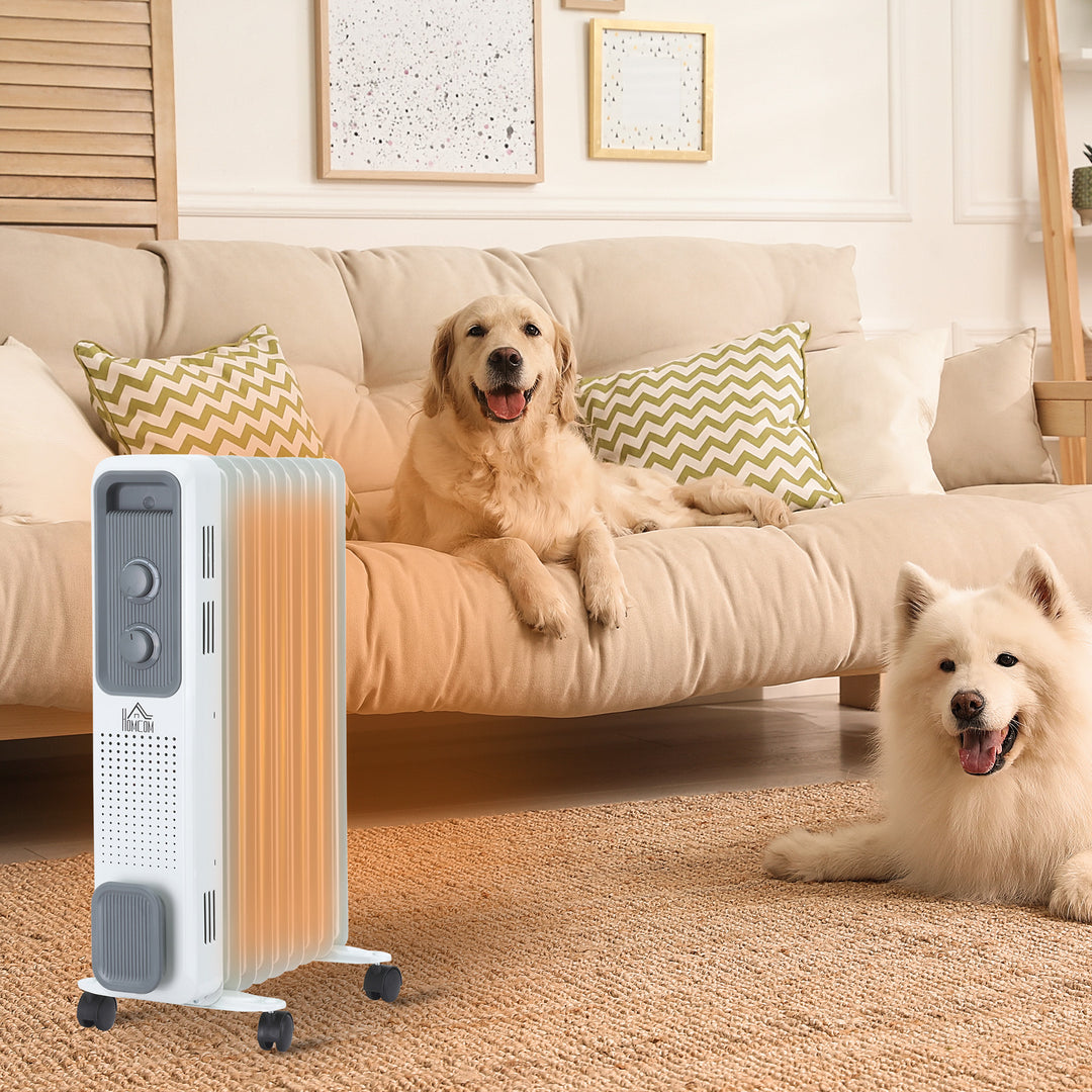 Hvit oljefylt radiator med ni ribber