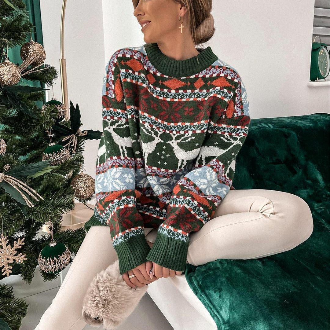 Løs genser med rund hals og julemotiv i jacquard, dame