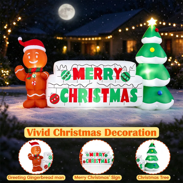 Oppblåsbart Merry Christmas-skilt med pepperkakemann