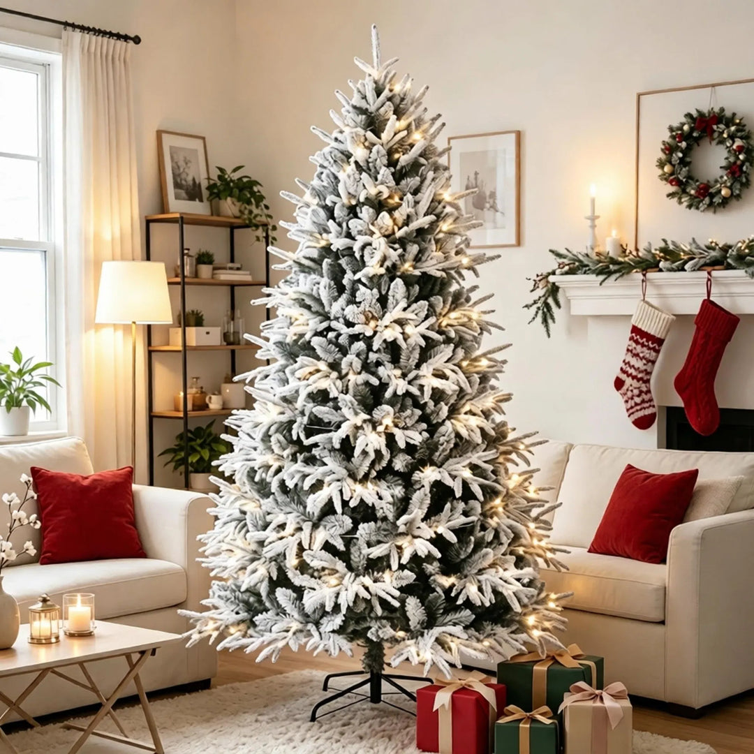 Fyldig snødekt juletre med varmhvite lys