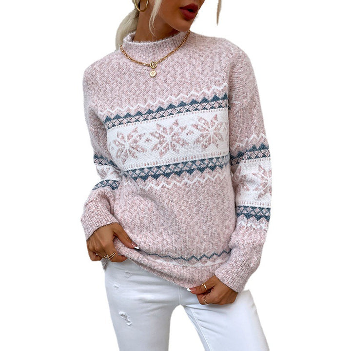 Strikkegenser med snøfnugg for dame – halvhøy hals
