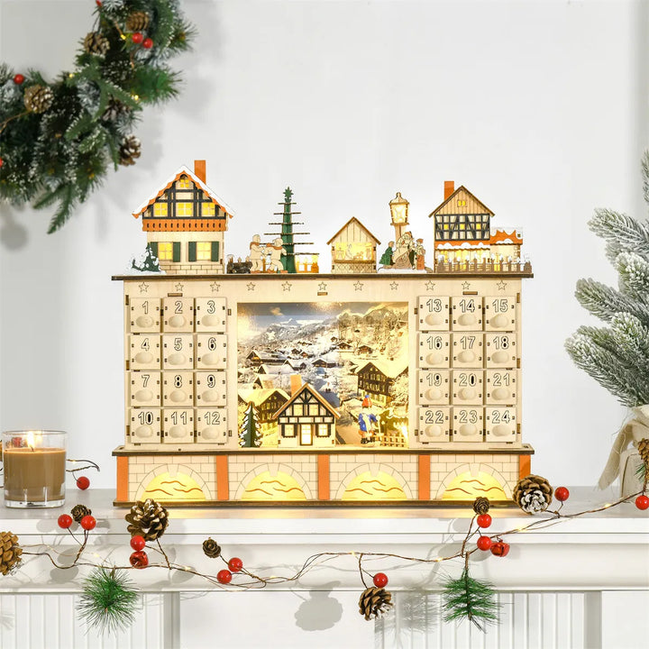 Adventskalender i tre formet som julelandsby med lys