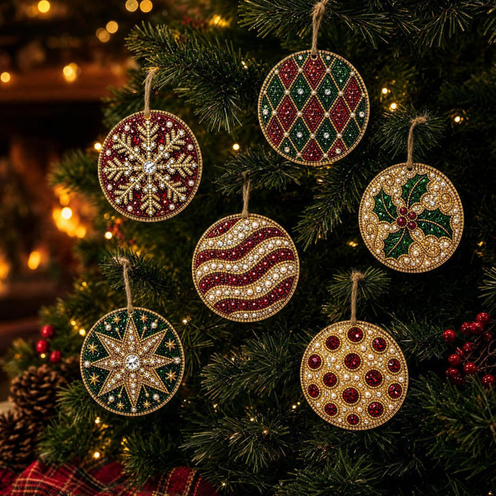 Seks julekuler i tre med diamantmaling