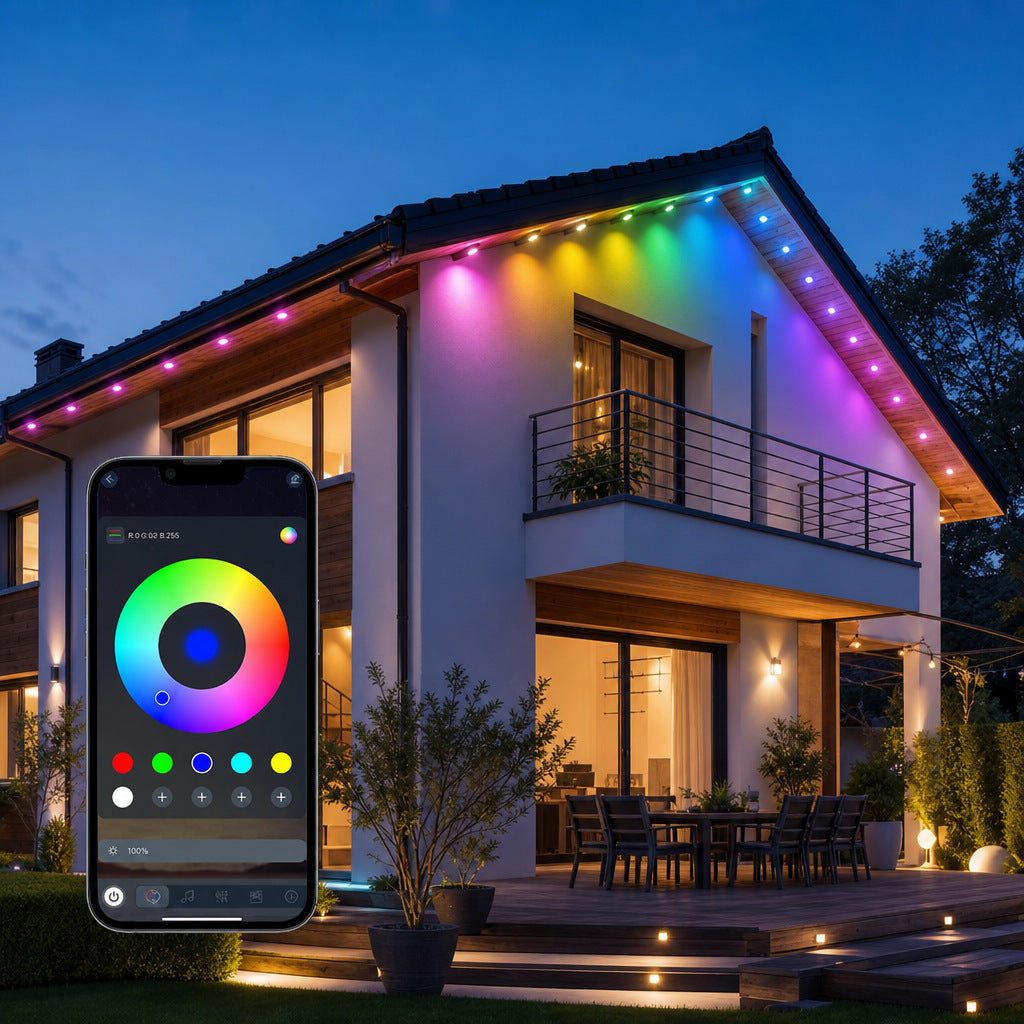 Hus med fargerik RGB-belysning langs taket