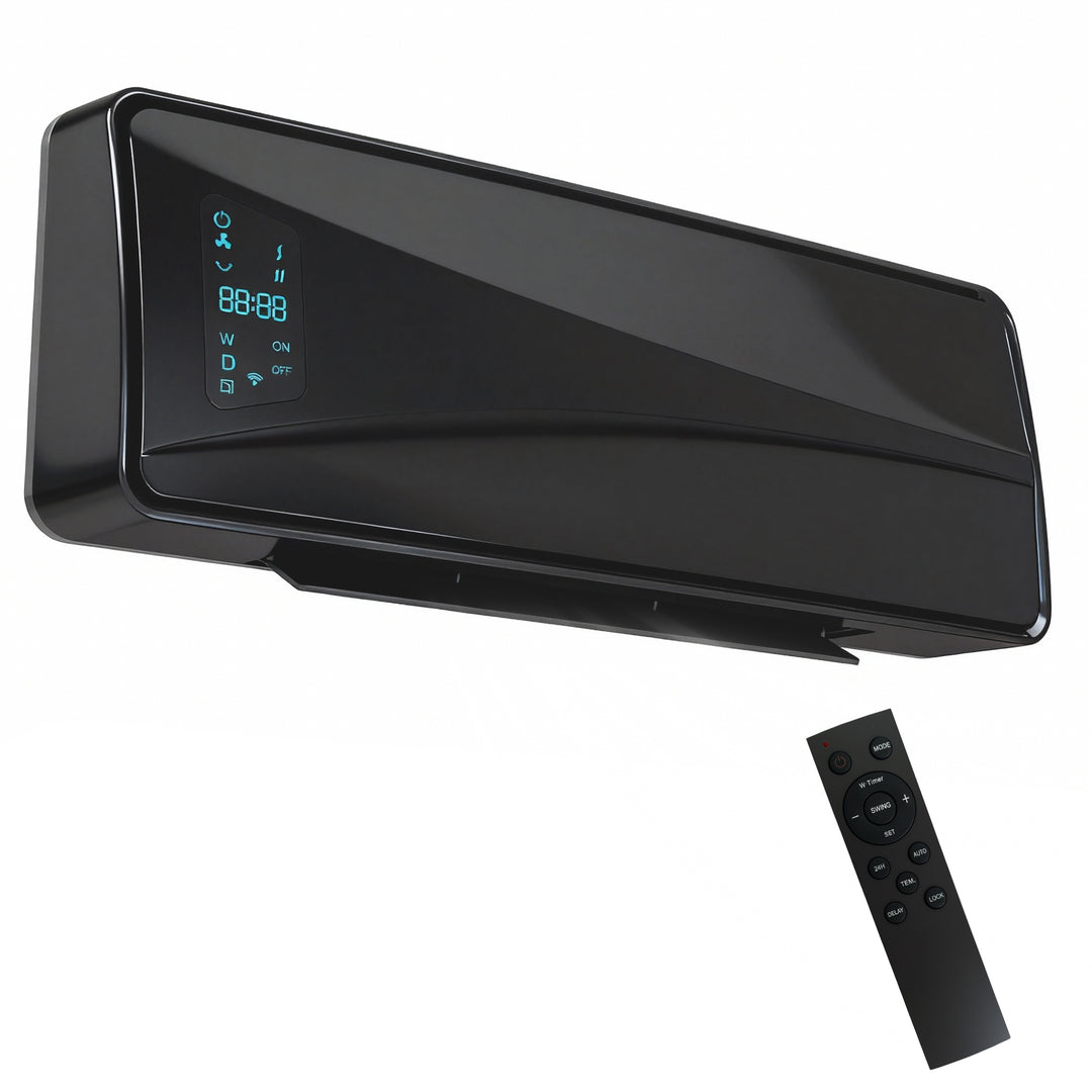 Svart veggmontert vifteovn med LED-display