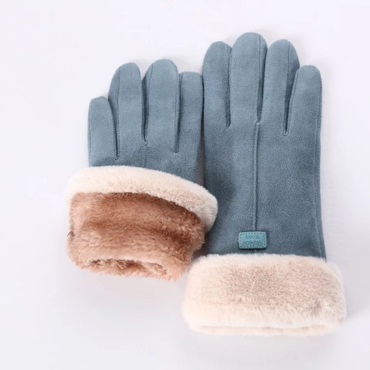 Varmeriket Hansker i semsket look med plysjmansjett og bamsefjes