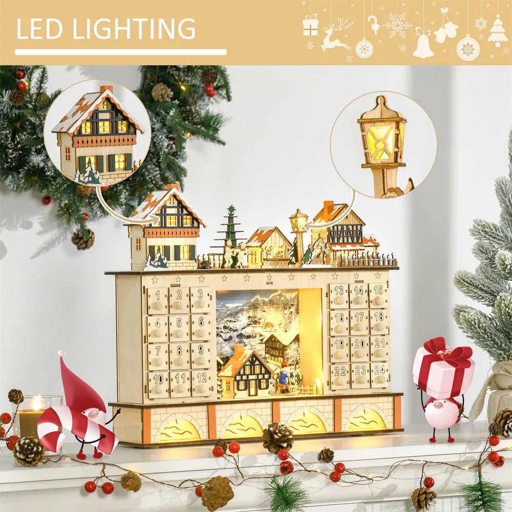 Adventskalender i tre formet som julelandsby med lys