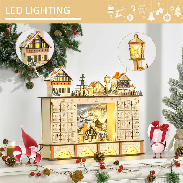 Varmeriket Adventskalender i tre med julelandsby og LED-lys