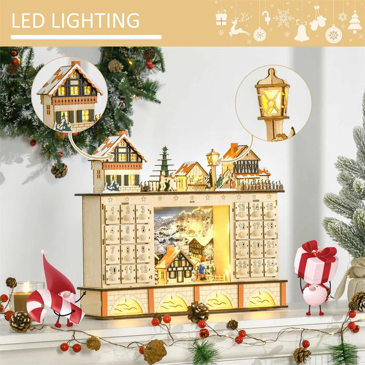 Adventskalender i tre formet som julelandsby med lys