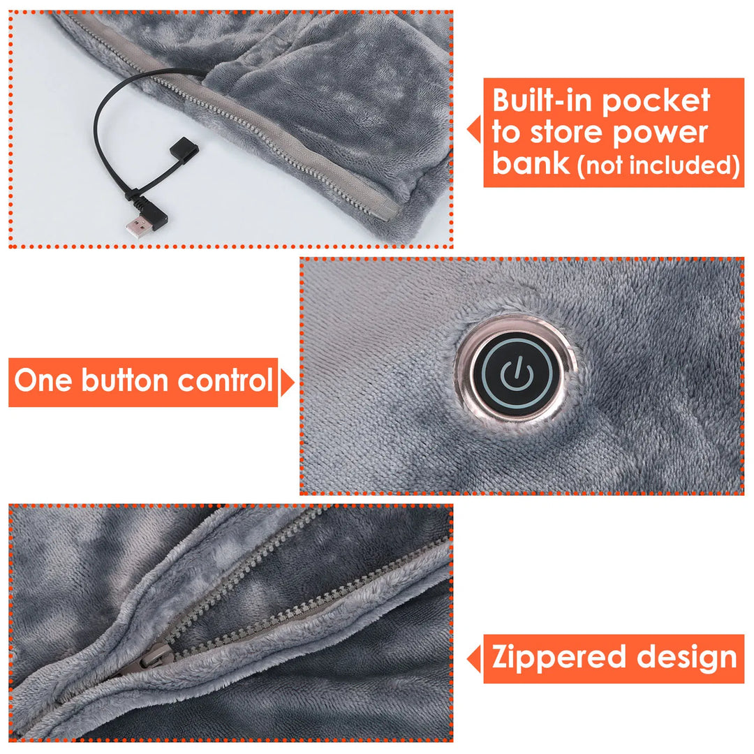 Bærbart USB-varmeteppe med tre varmenivåer og lomme til powerbank