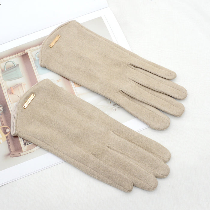 Varmeriket Touchhansker i semsket look med gullspenne