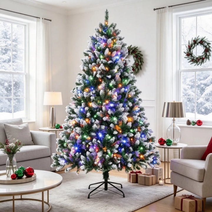 Stort juletre med snøtupper og lys
