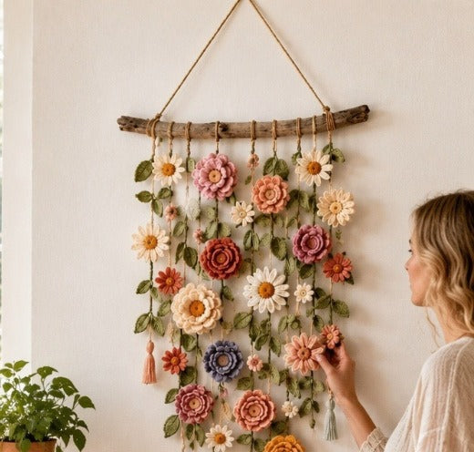 Boho blomsterranke i stoff på trepinne
