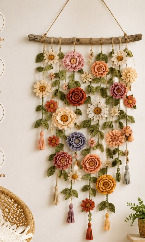 Boho blomsterranke i stoff på trepinne