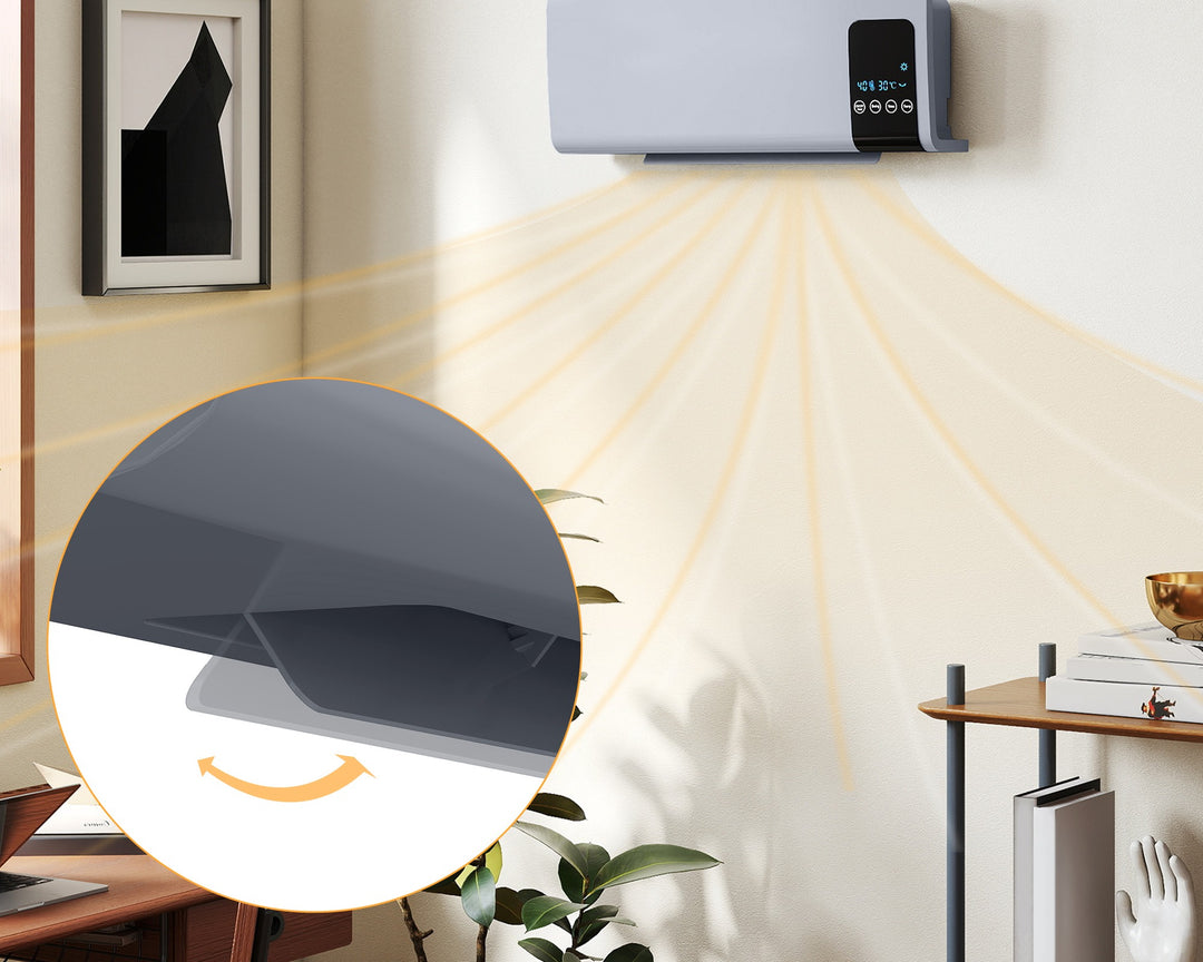 Grå veggmontert vifteovn med LED-panel