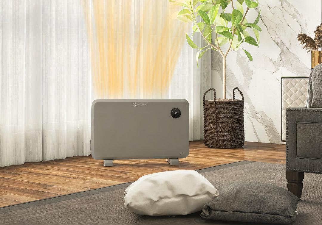 Grå slank panelovn med LED-panel