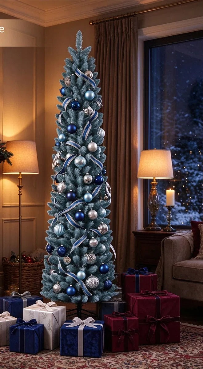 Smalt frostet juletre i stue