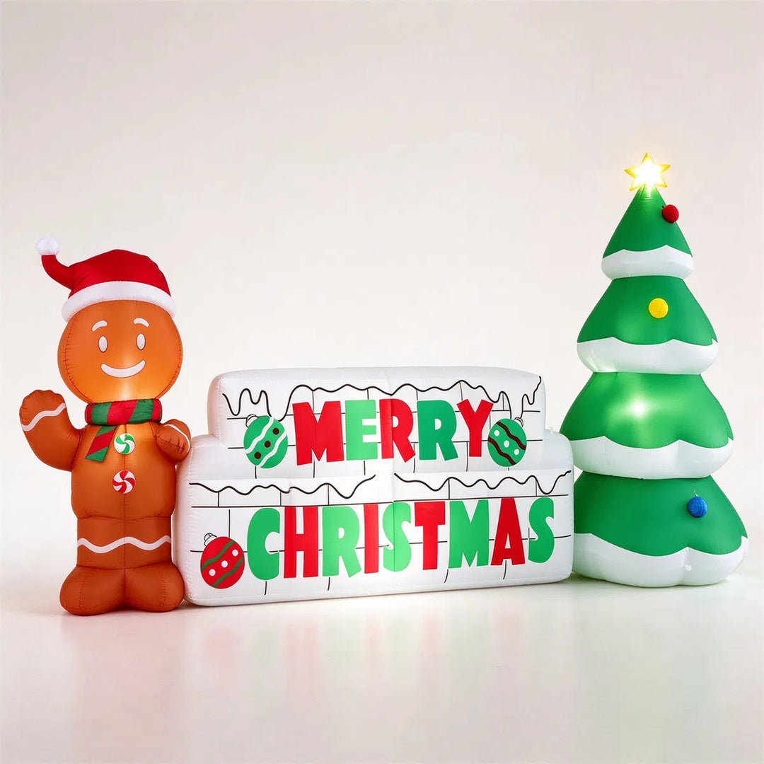 Oppblåsbart Merry Christmas-skilt med pepperkakemann