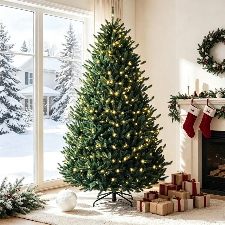 Fyldig juletre med fargerike og varmhvite lys