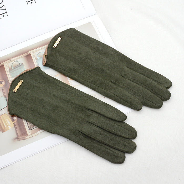 Varmeriket Touchhansker i semsket look med gullspenne