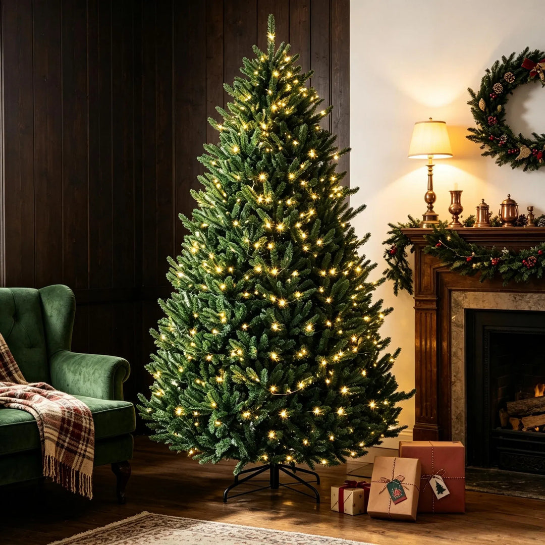 Fyldig juletre med fargerike og varmhvite lys