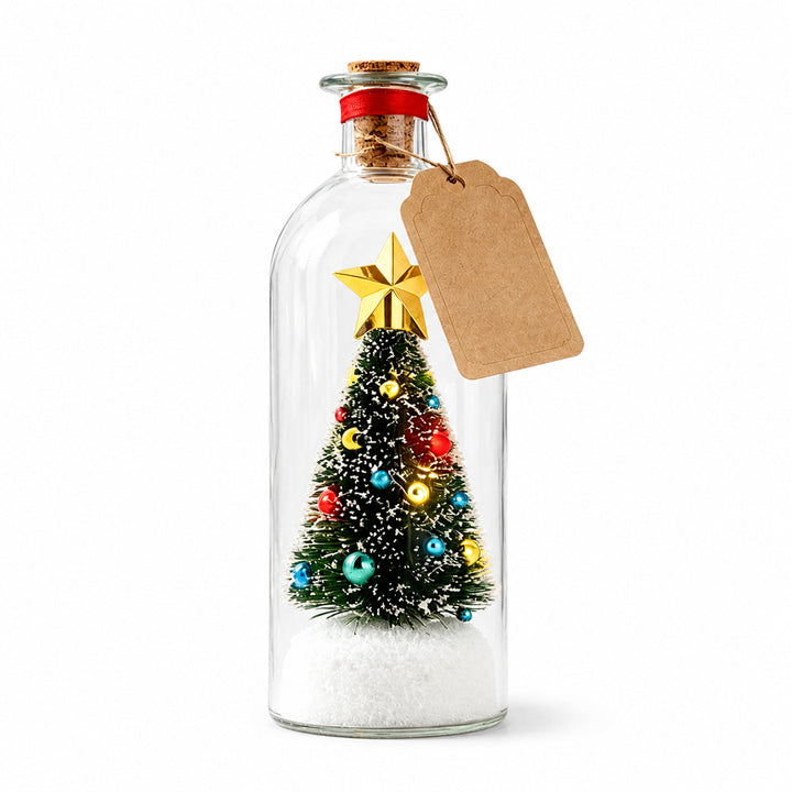 Juletre i flaske med lys og gavelapp
