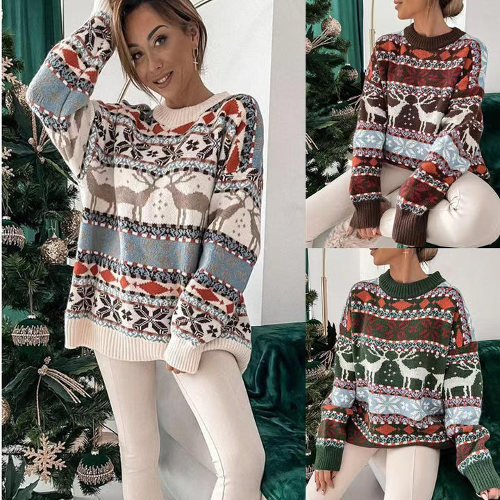 Løs genser med rund hals og julemotiv i jacquard, dame