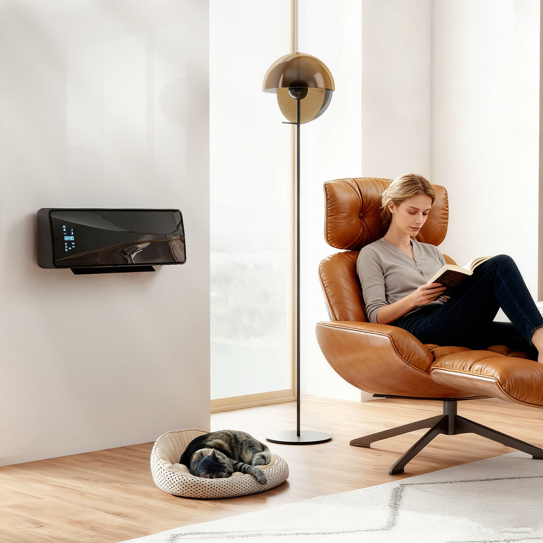 Svart veggmontert vifteovn med LED-display