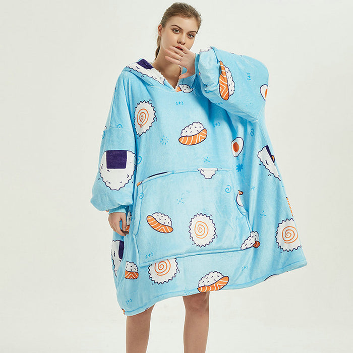 Varmeriket Oversized hettegenser-teppe i dobbel flanell med søte mønstre