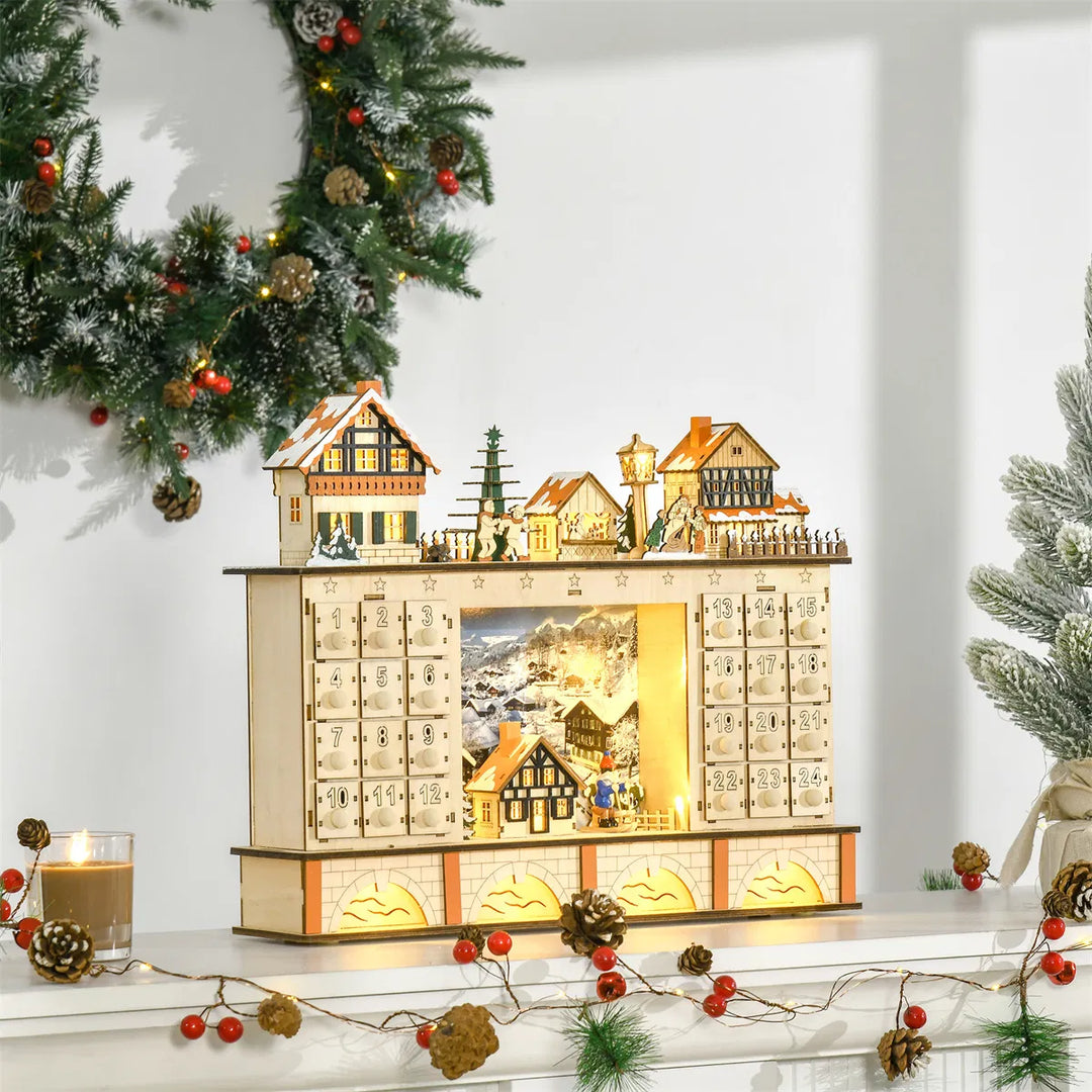Adventskalender i tre formet som julelandsby med lys