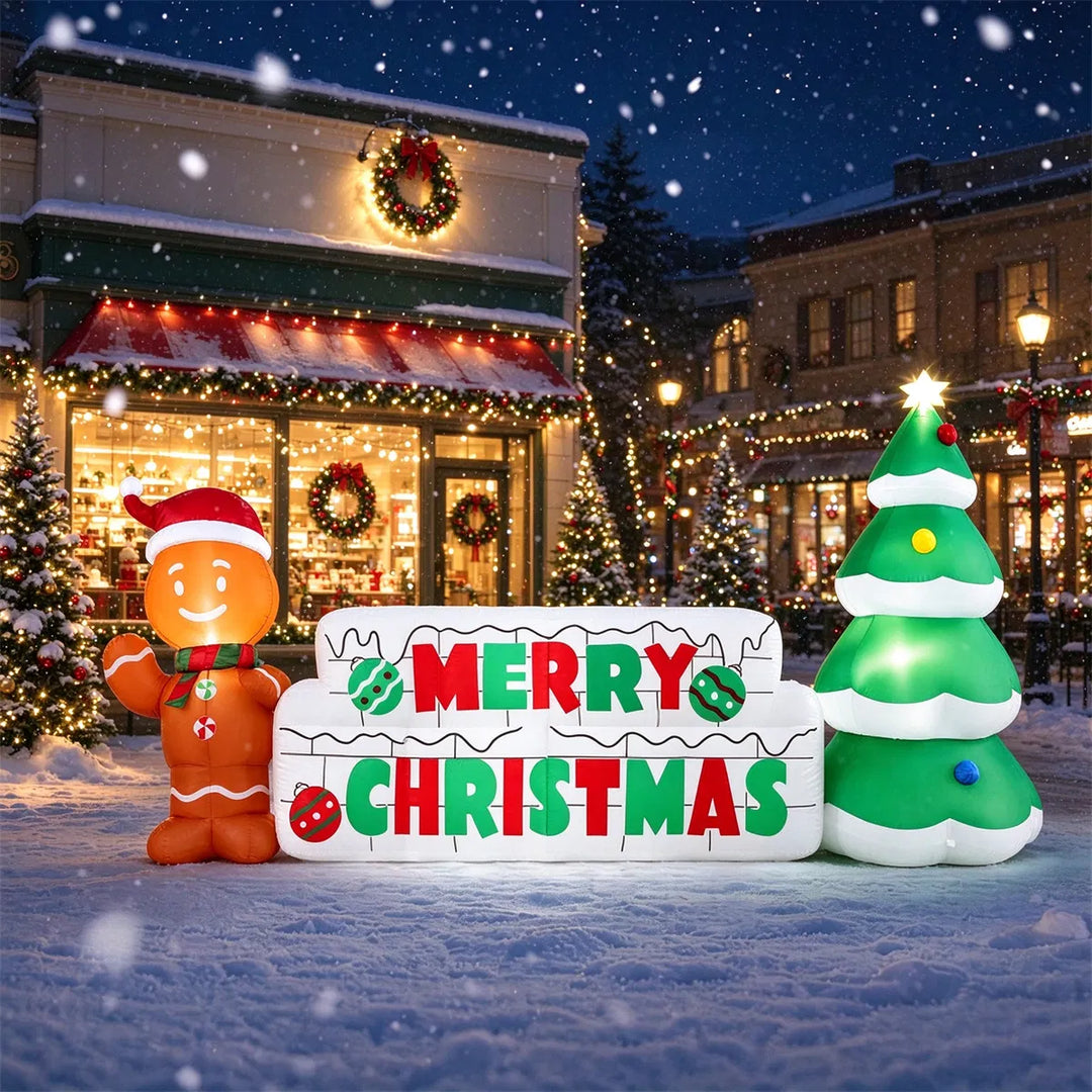 Oppblåsbart Merry Christmas-skilt med pepperkakemann